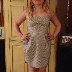 Club Monaco white strapless dress with navy polka dots. Very flattering